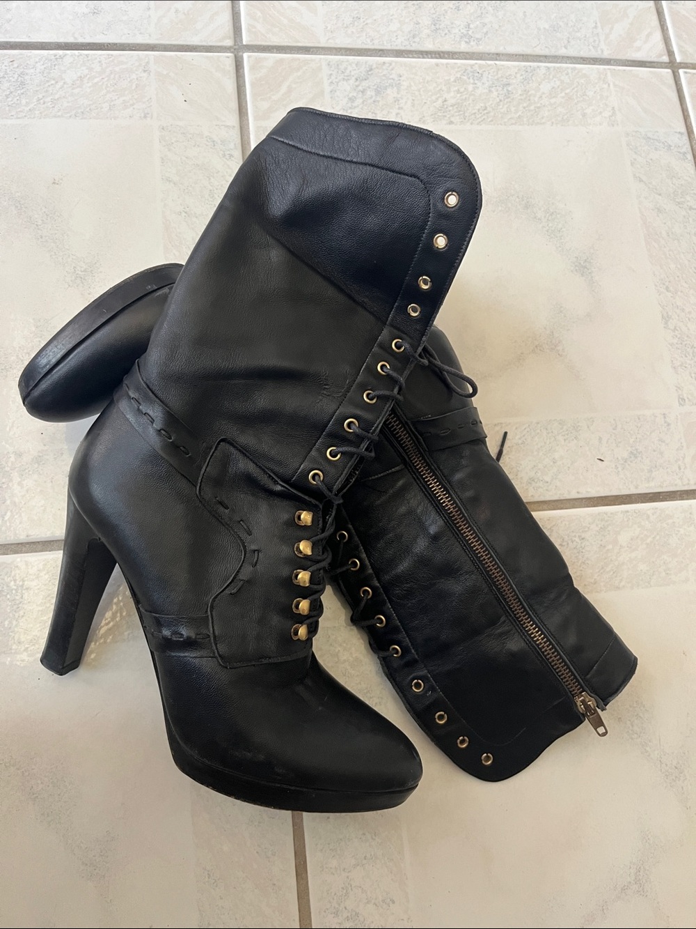 Charles David Black Lace-Up High-Heel Boots with Gold Eyelets